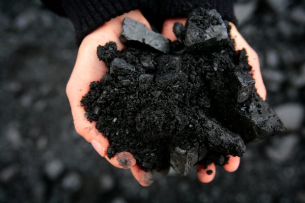 Greenpeace climate campaigner Agnes de Rooij holds a handful of imported coal on the quayside in the port of Gijon.